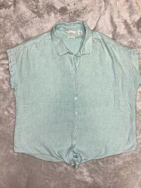 Madewell Light Aqua Button-Down Linen Tie-Hem Shirt